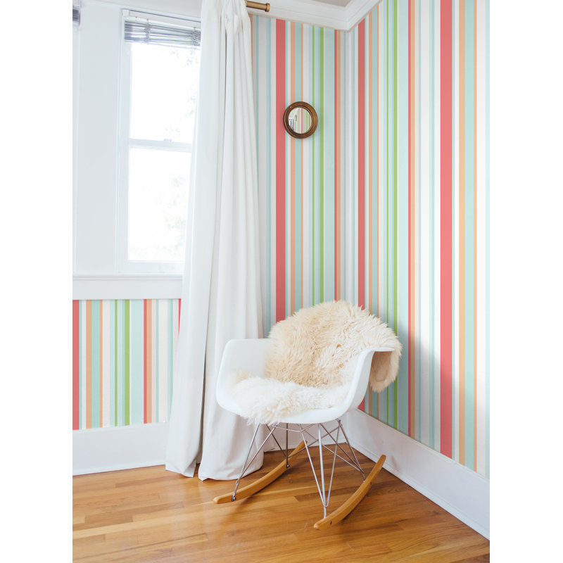 Rouleau de papier peint lisse L 33 pi x l 20,5 po Walk the Line, Pêche / Turquoise