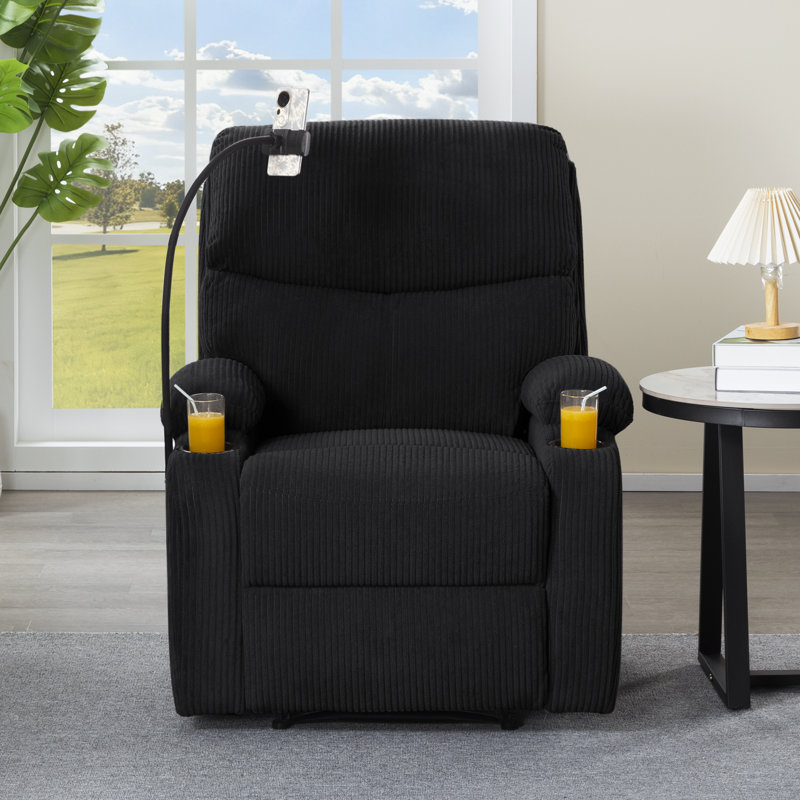 Lanmei Black Corduroy Manual Recliner Chair - Solid Wood Frame With Phone Holder & Cup Holders, Ergonomic Backrest For Living Room Bedroom Office