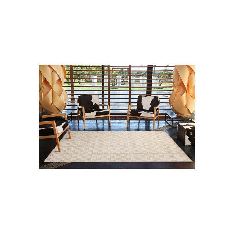 Cubic Checkered Cream Patterned Woven Base Machine Washable Rug, Rectangle 3'3" x 4'11" Rug Pad Included