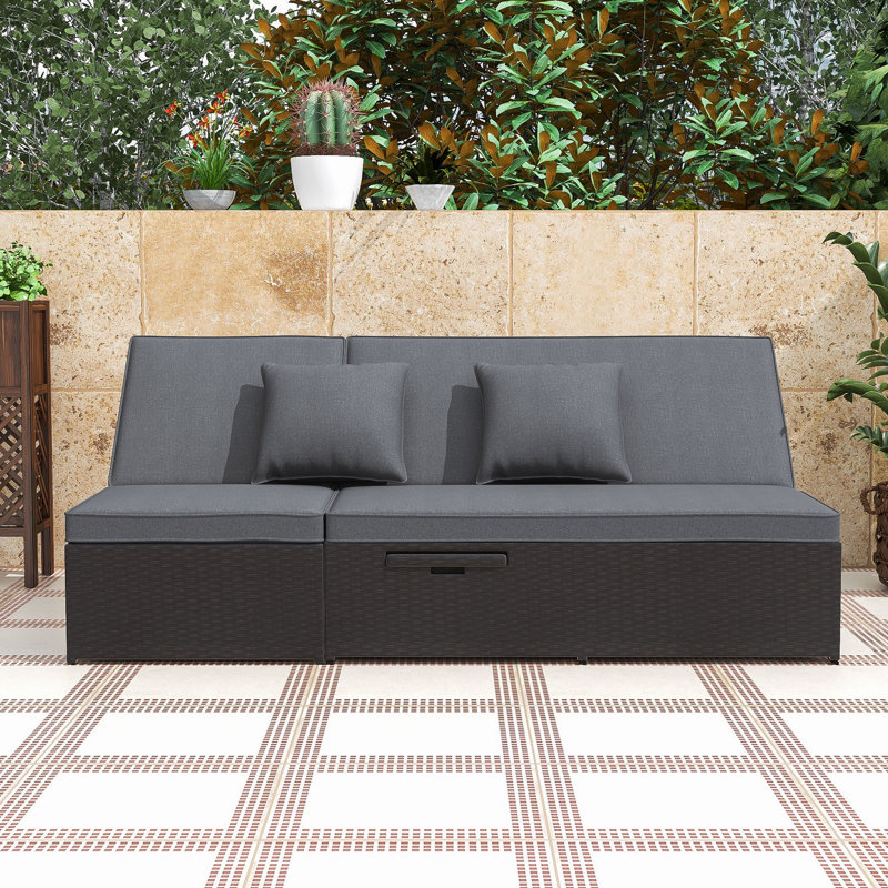 Wicker Rattan 2 Reclining Sunbeds with Adjustable Backrests and Convenient Side Trays, Gray, Gray
