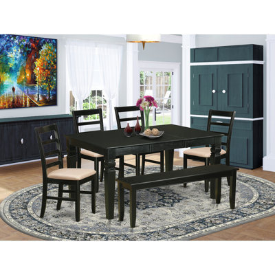 L'ensemble de salle à manger 6 pièces contient une table de salle à manger rectangulaire avec feuille papillon et 4 chaises en tissu de lin avec un banc, noir