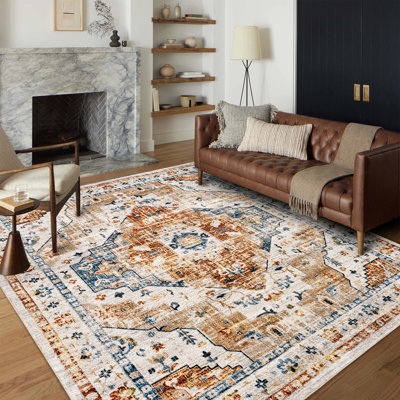 Medallion Foldable Washable Area Rug – Yellow/Blue