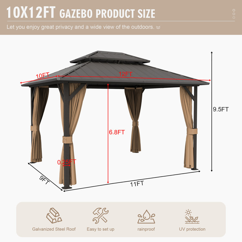  Outdoor Patio Gazebo, Hardtop Gazebo with Galvanized Steel Roof & Aluminum Frame,Heavy Duty Permanent Pavilion with Netting & Curtains for Patio, Lawn, Deck