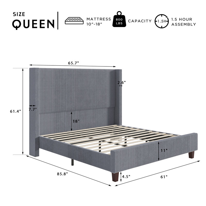 Crofford Upholstered Wingback Queen Size Platform Bed,Gray, Queen, Gray