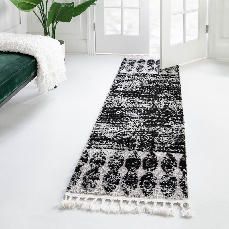 Tapis noir à motif géométrique Orlando, Tapis de couloir 2 pi x 8 pi