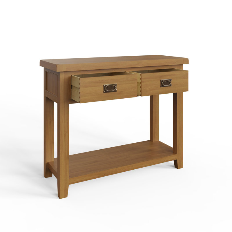 Alzenia 2 Drawer Console Hall Table. 105cm Wide. Solid Oak. Burnished Brass Handles