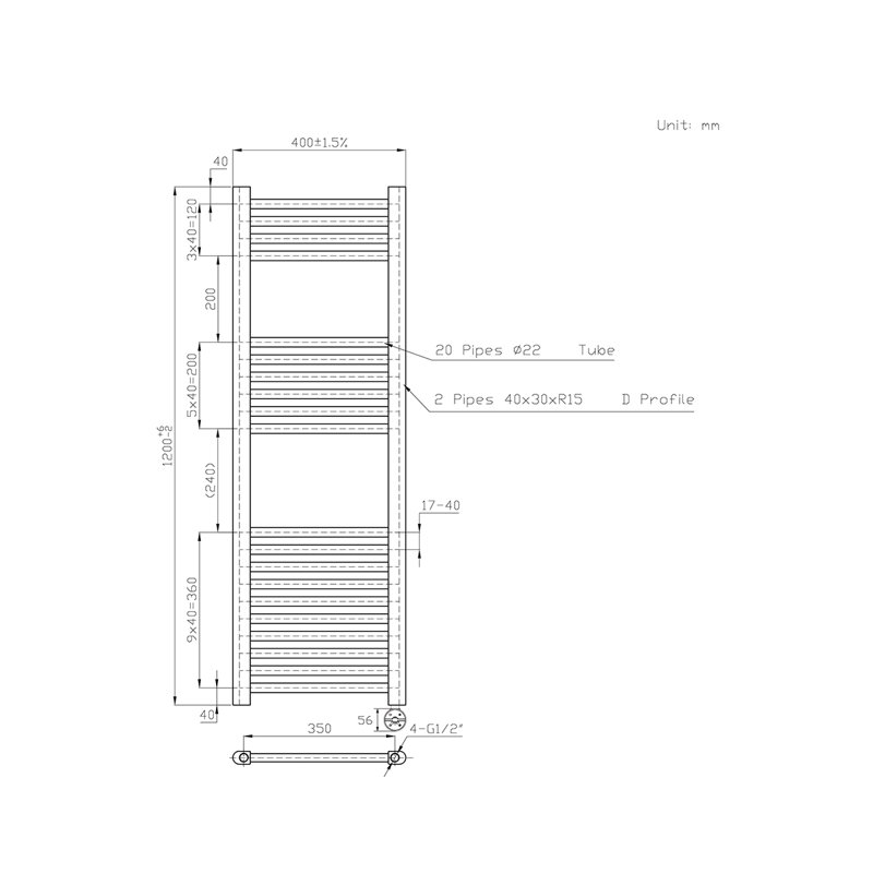 Deidamia Straight Towel Rail Heated Towel Rails, Anthracite, 120cm H x 40cm W x 3cm D