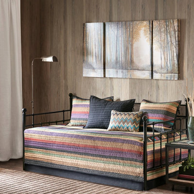 Reversible Daybed Cover 6 Piece, Multi Color Stripe Design, Twin Mattress, Includes Cover, Bed Skirt, 3 Shams, Decorative Pillow, Washable Piece , Pattern, Size 15" Drop , Machine