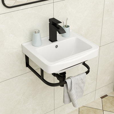 17" L x 14" W Wall Mount Bathroom Sink Wall Hung Rectangle White Ceramic Bathroom Sink with Overflow and Faucet