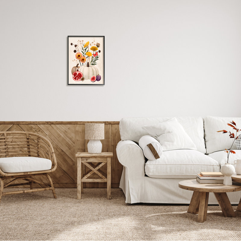 Arrangement de récolte d'automne, citrouille, grenade, figue, fruits - impression, Giclée encadrée noir minuit