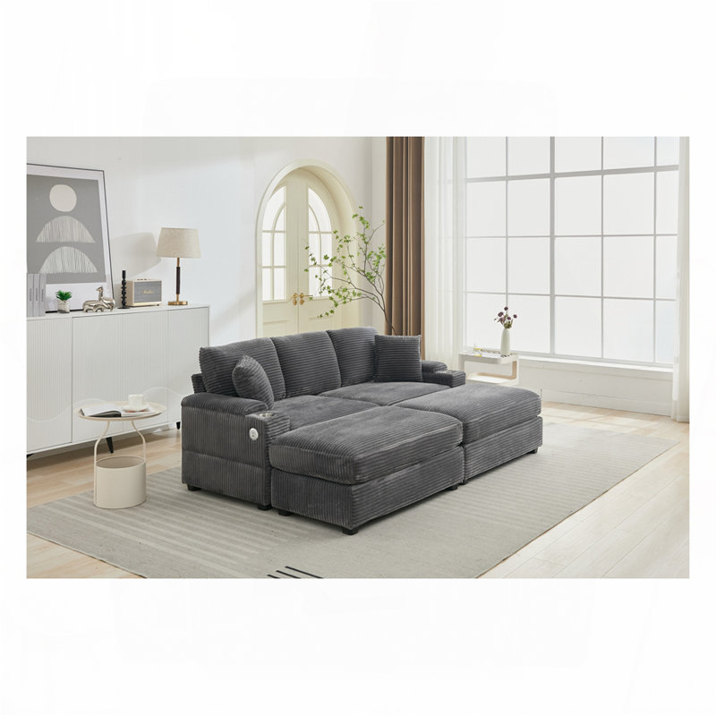 Ensemble de canapé-lit modulaire convertible modulaire combiné, rangement pour accoudoirs, porte-gobelet en acier inoxydable, USB, canapé rembourré, siège profond, salon, mezzanine, appartement, bureau, 2 couleurs