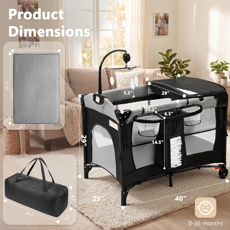 Parc pour bébé convertible 4 en 1 avec berceau, table à langer, couchette de chevet, filet respirant, roulettes verrouillables