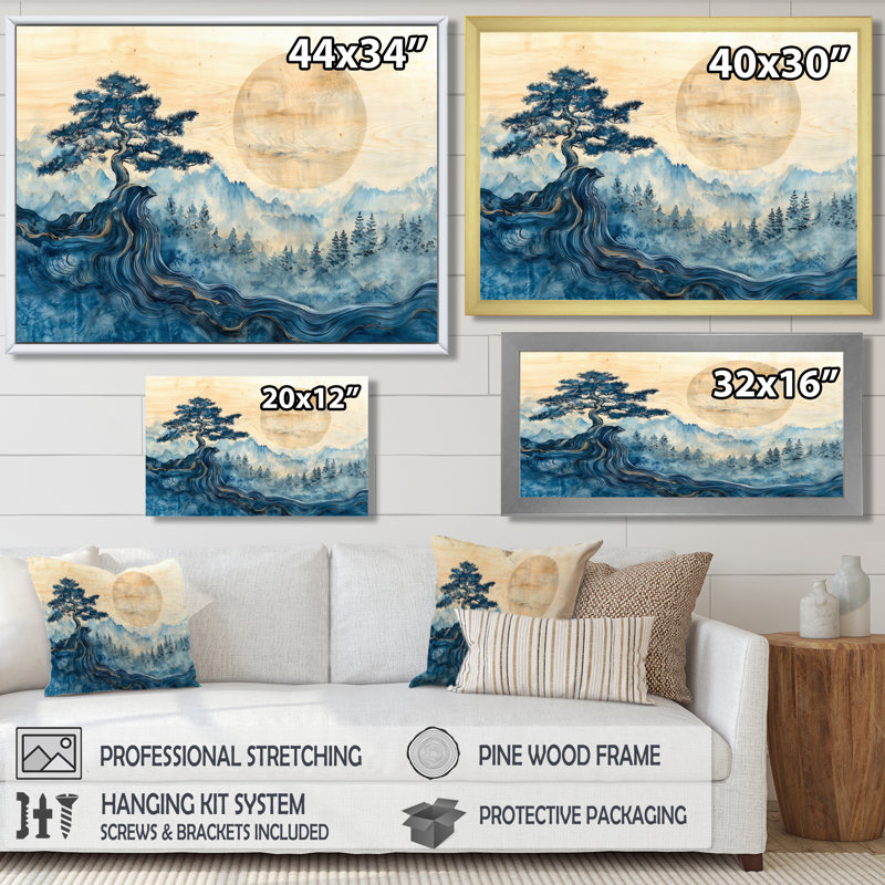 Art japonais Samarai paysage sérénité II - art mural japonais pour le salon, H 24 po x l 32 po, Impression encadrée flottante