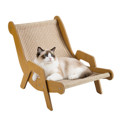 Fauteuil suspendu surélevé en bois avec tapis en jute, 52 x 32 x 31 cm, en sisal, pour chat, canapé de détente robuste et assemblé, double usage pour la sieste et l'affûtage des griffes pour chats d'intérieur.