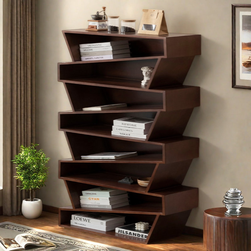 Stylish 8 - Tier Irregular Solid Wood Bookcase, (8 Shelves) 66.9"H x 39.4"W x 11"D