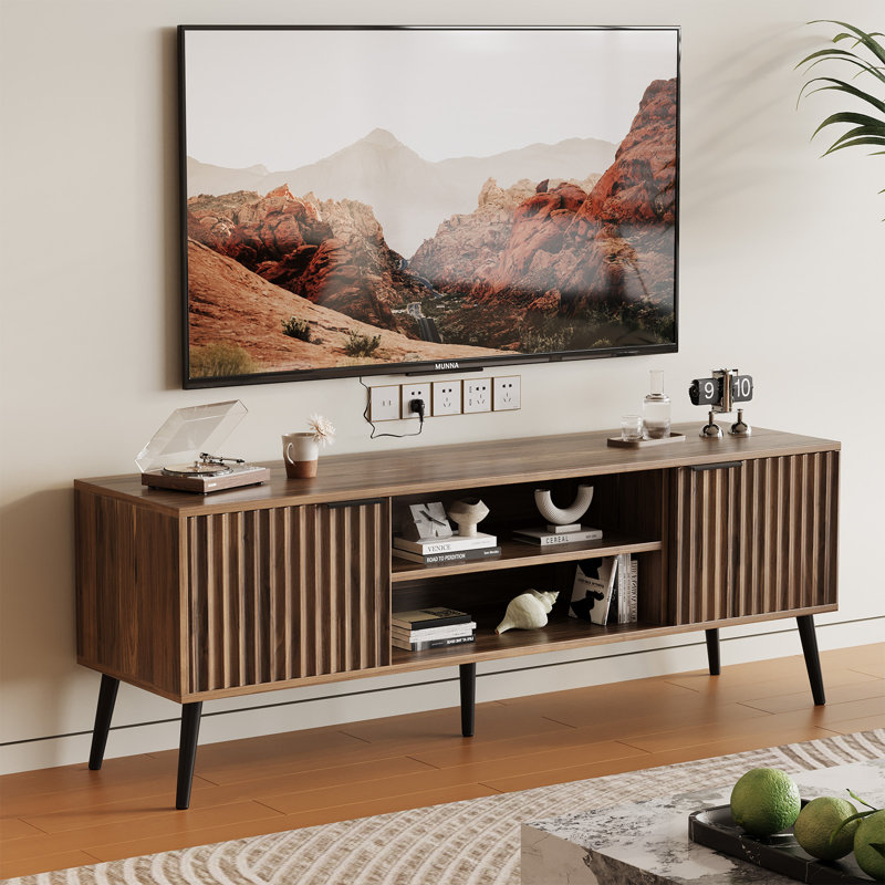  60 Inch Tv Stand For Tvs Up To 65", Mid-Century Modern Tv Stand With 2 Storage Cabinets And Open Shelf For Living Room