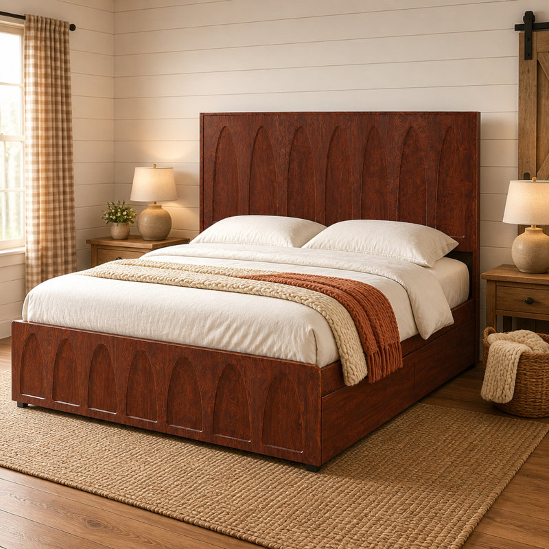 Lit plateforme de rangement Queen Size en noyer foncé