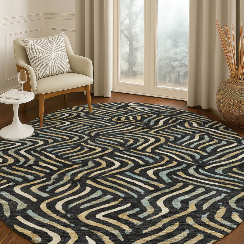 Machine Washable Indoor/Outdoor Chantille ACN2474 Abstract Rug, 8' Round, Black