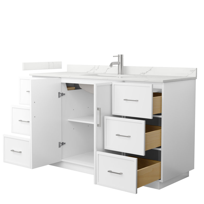 Elan TK 60" Freestanding Single Bathroom Vanity with Quartz Top, White, Brushed Nickel, Giotto Quartz