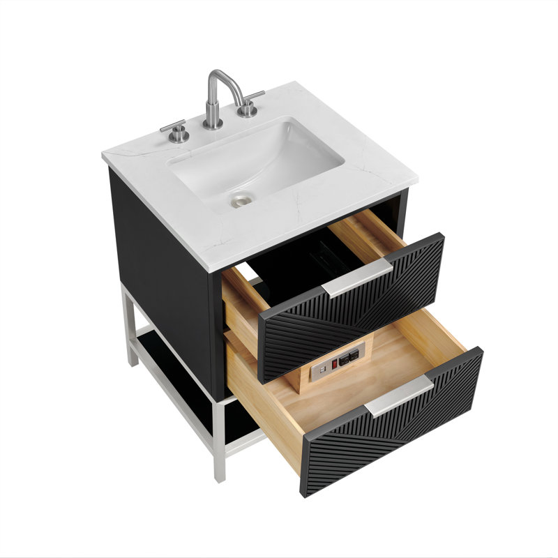 Diamond 24'' W Single Vanity, Charcoal Black, Calacatta Quartz, Brushed Nickel