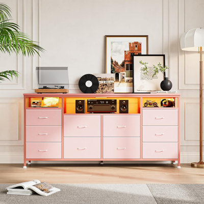 63in Dresser with 10 Fabric Drawers Wide Dresser TV Stand with Built -in USB Ports LED Lighting Multi -Functional Storage Unit for 75 Inch TVs