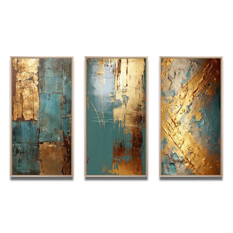«Kintsugi Retro Glam Vintage Gold On Turquoise» - 3 pièces, Cadre naturel flottant, H 20 po x l 36 po