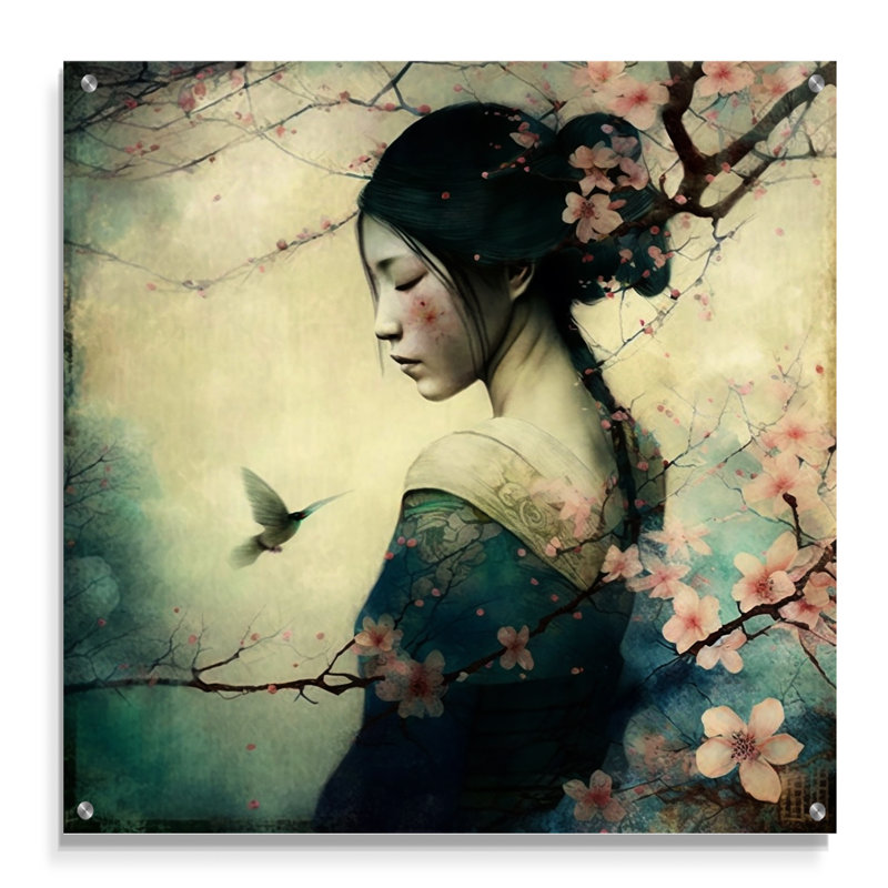 Femme japonaise rétro avec fleurs de cerisier, H 16 po x l 16 po