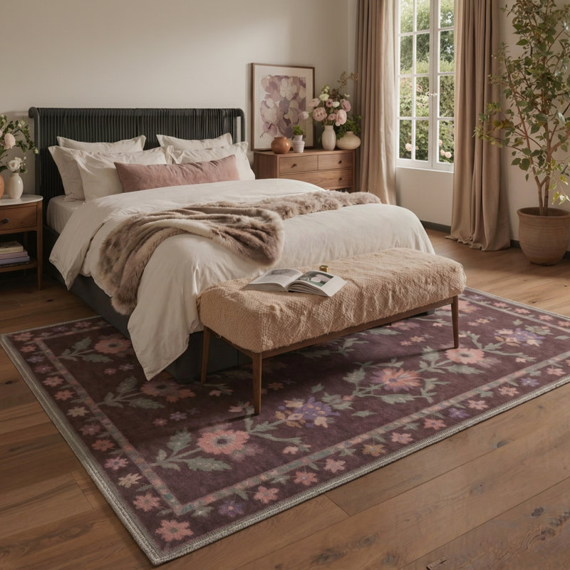 Bellingham Linden Floral Machine Washable Red / Green / Pink Indoor Area Rug with Non-Slip Backing, Rectangle 6' x 9'