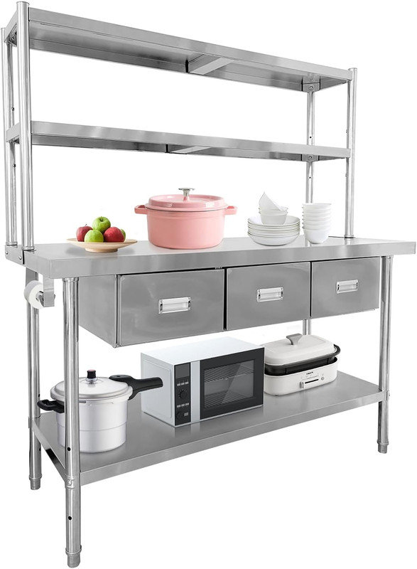 Table en acier inoxydable de 60 po x 24 po avec tablettes et tiroirs, étagères à 2 niveaux, établi pour garage de restaurant