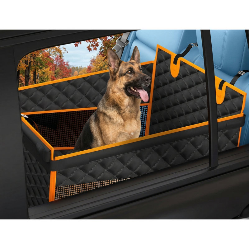 Extension de dossier conçue pour les canines de grande à moyenne taille; fabriqué en tissu Oxford imperméable avec un fond antidérapant; dispose d'un support structurel renforcé et de poches de rangement intégrées; finition noire; compatible avec les voitures, les camions et les VUS.