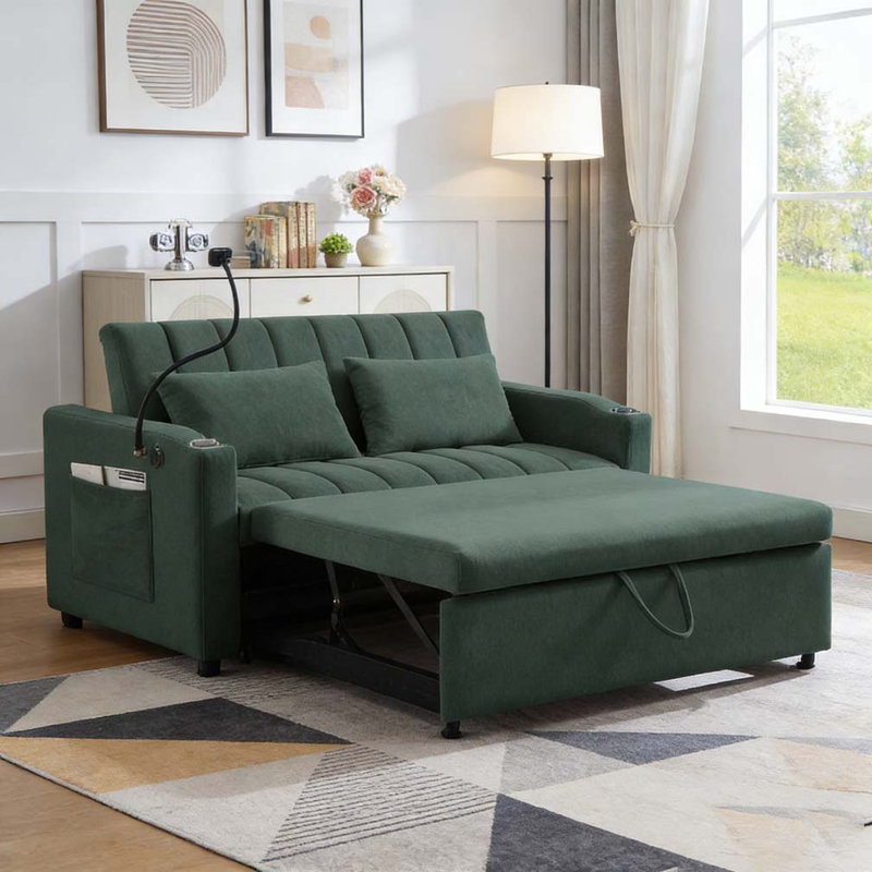 Canapé-lit convertible de 55,9 po avec trois ports USB, deux poches latérales, deux porte-gobelets et un support pour téléphone pivotant à 360 °
