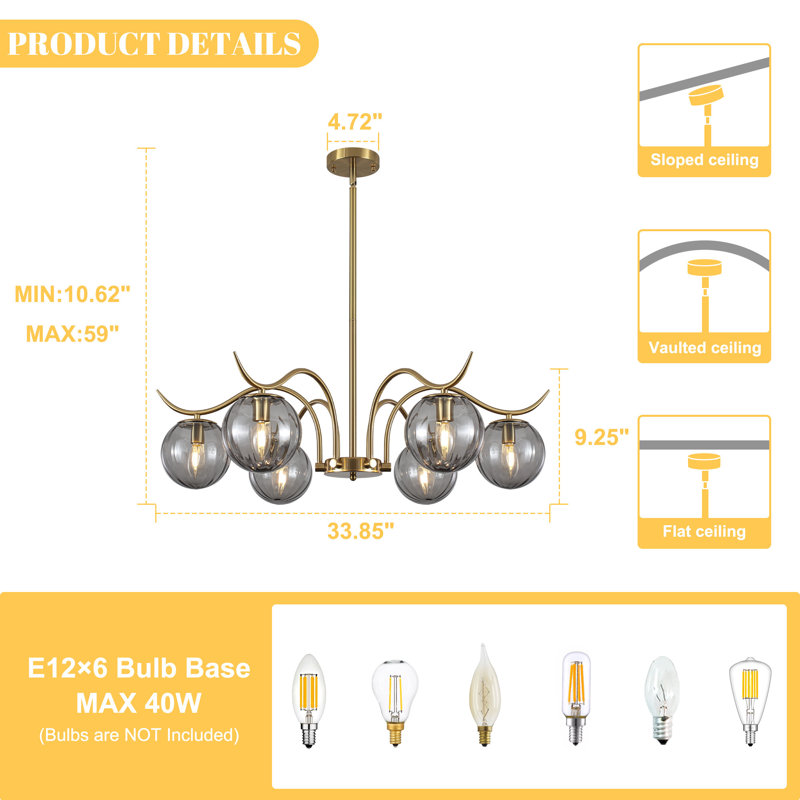 33.85 In. 6-Light Sputnik Sphere Modern Glass Bubble Chandelier With Round Glass Shades For Dining Living Room 