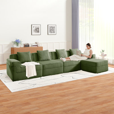 Modular 4 Seat L Shape Boneless Sofa, Cloud Sectional Couch With Deep Seat With Throw Pillows Corduroy Fabric