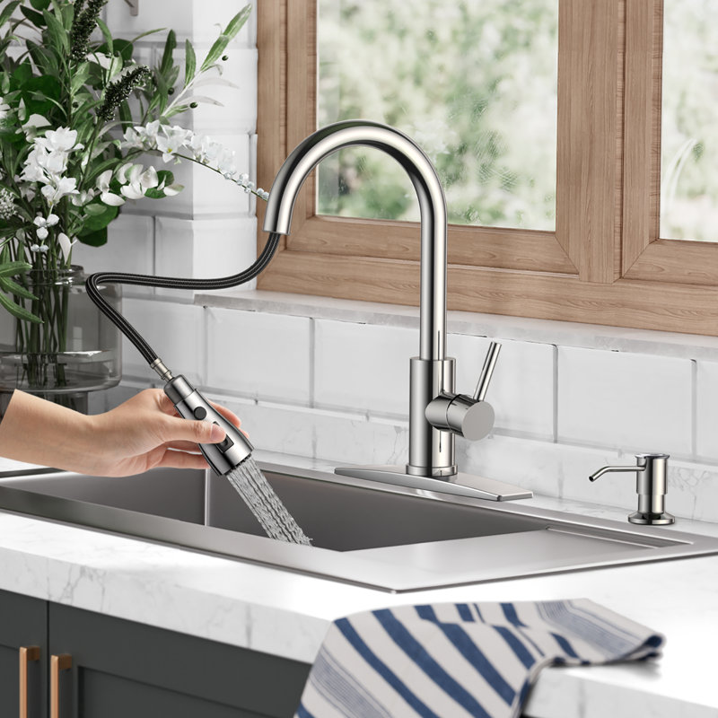 FURUISI Pull Down Single Handle Kitchen Faucet with Soap Dispenser, Chrome