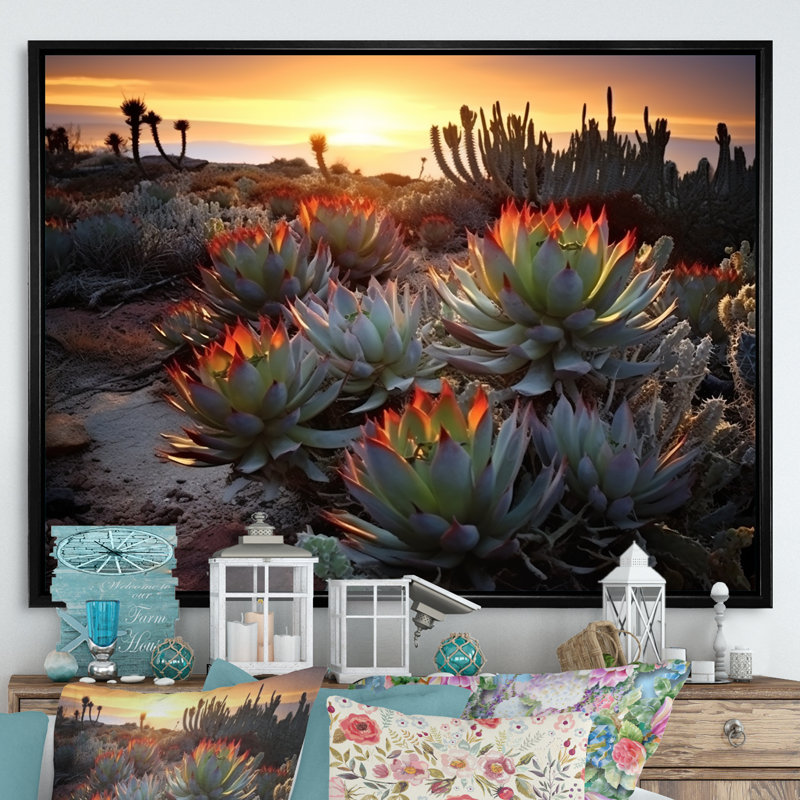 «Succulent Desert Cactus Field Burning Sunset III» - Art mural succulent, H 24 po x l 32 po x P 1 po, Cadre flottant noir
