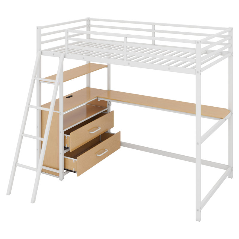 Twin Size Metal&Wood Loft Bed With Desk And Shelves, White