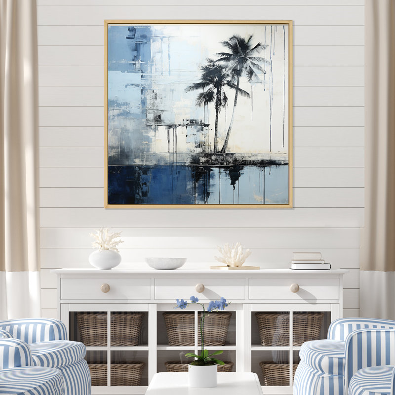 Collage de palmier tropical bleu et gris - décoration murale nautique et plage, H 30 po x l 30 po x P 1 po