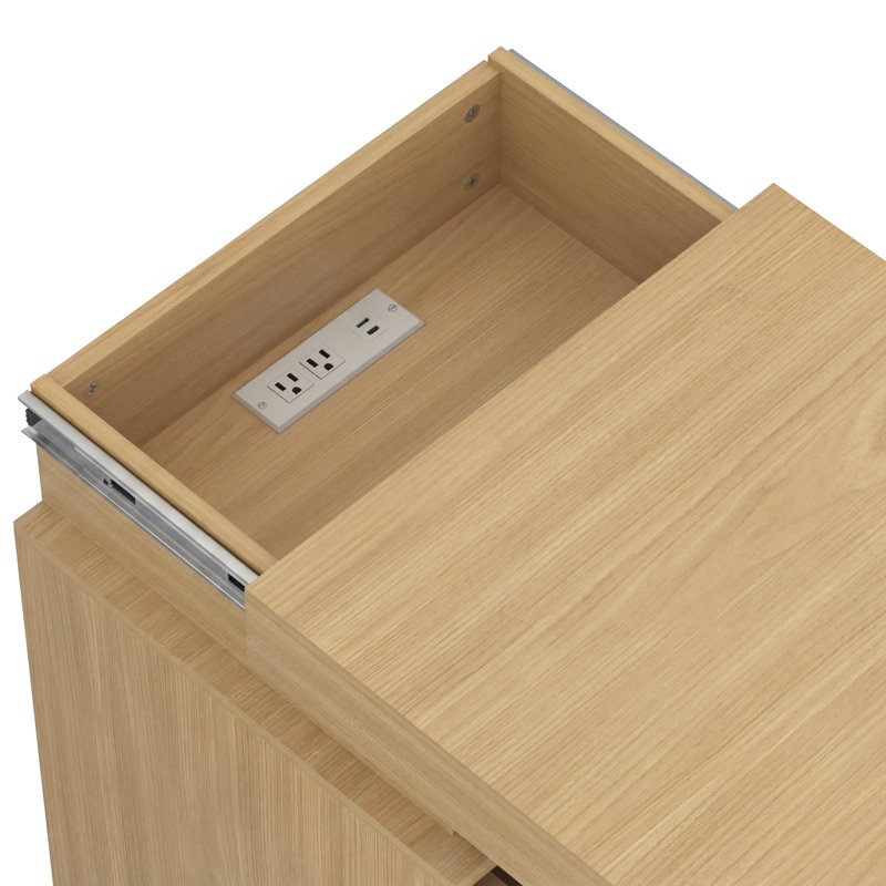 Ensemble de 2 tables de chevet naturelles avec station de recharge et éclairage DEL, tables de chevet à panneaux ondulés cannelés avec plateau coulissant et rangement