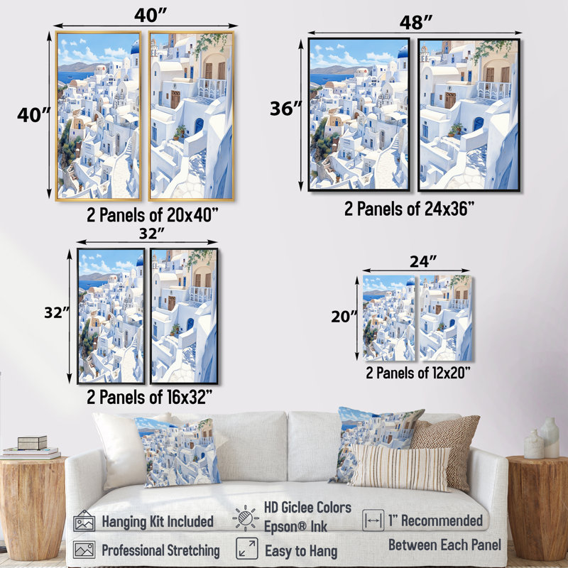 «Greek Santorini Odyssey III», art mural sur toile blanche à 2 panneaux, H 36 po x l 48 po, Impression encadrée flottante