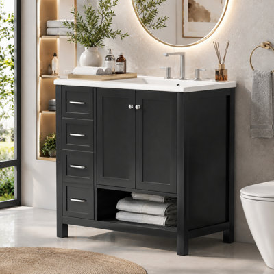 Ensemble de meuble-lavabo simple 36 po avec lavabo en céramique Velmori, rangement coulissant et tablette ouverte