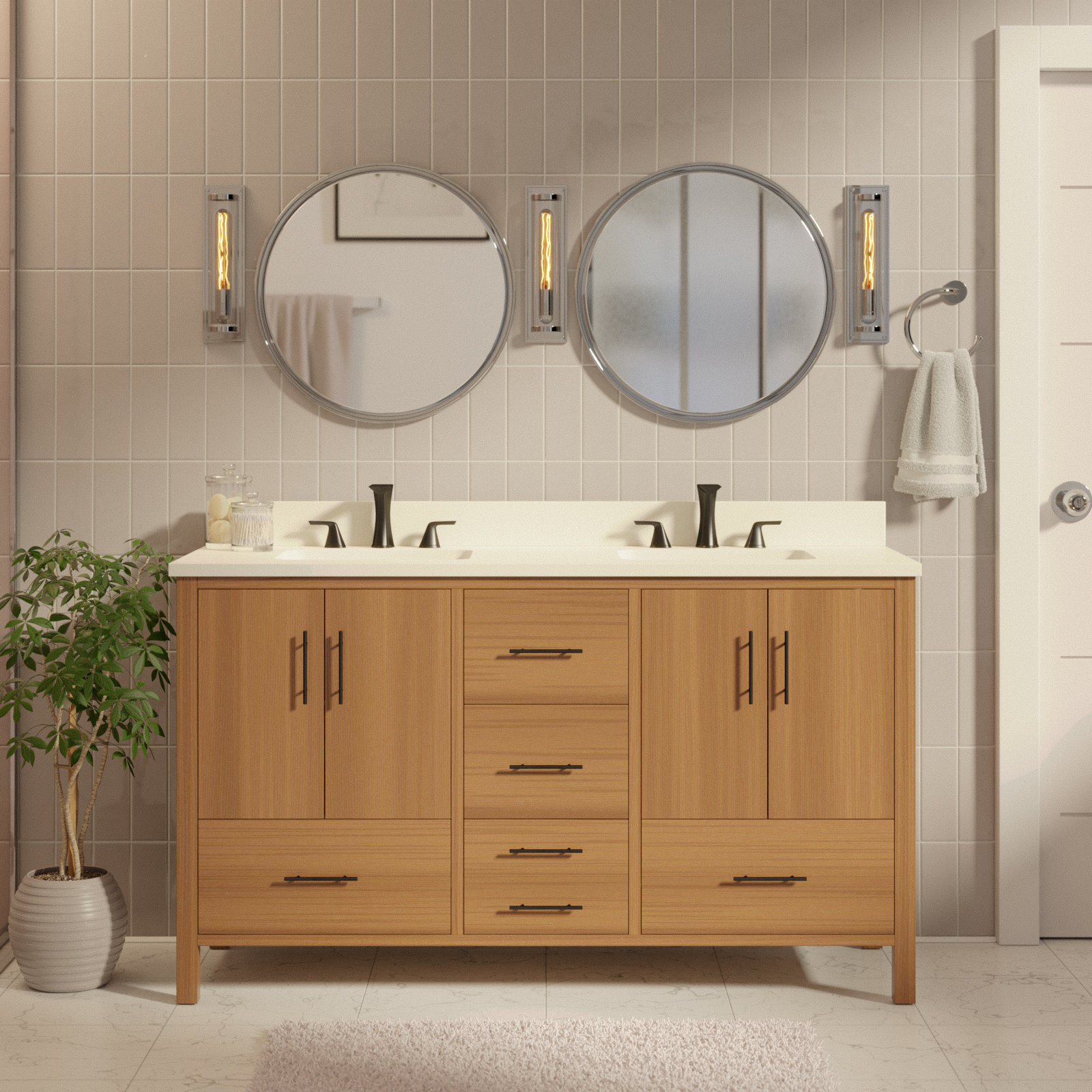 Kiara 60'' Double Bathroom Vanity, Blonde, Matte White