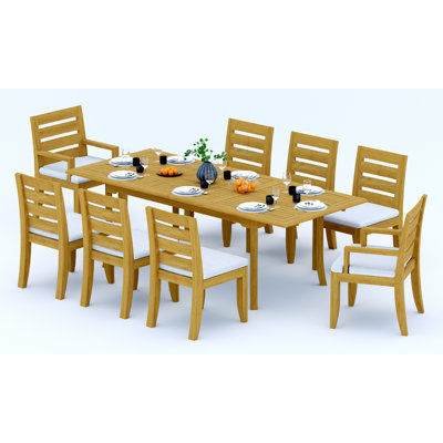 8 Seats 9 Pcs Grade-A Teak Wood Dining Set: 118" Double Extension Rectangle Table And 8 Atnas  Chairs (2 Arm & 6 Armless Chairs) #11AT2402