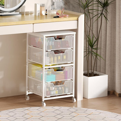 4-Drawer Rolling Makeup Storage Cart with Wood Top – White Metal Cosmetics Organizer on Wheels, Portable Beauty Supply Trolley for Vanity, Bedroom, Bathroom