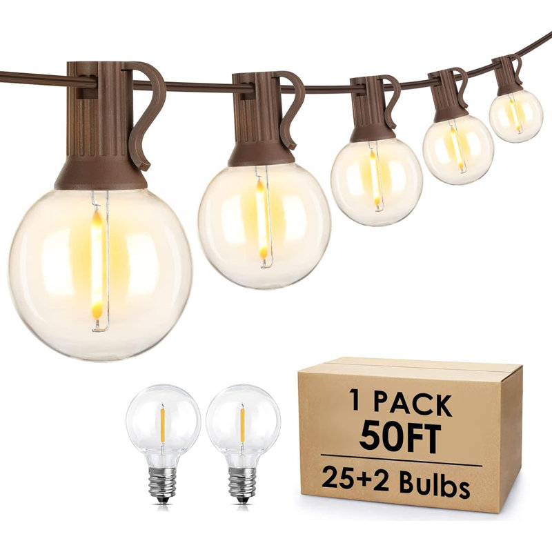 50ft Warm White LED Outdoor Globe String Lights with Brown Wire