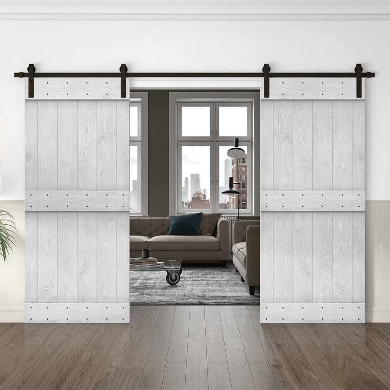Porte de grange en bois massif lambrissé et métal, 40 po x 84 po, Blanc