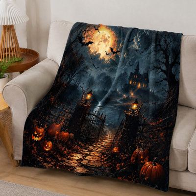 Couverture d'Halloween effrayante, motif maison hantée, pleine lune, chauves-souris et citrouilles, douce et moelleuse, idéale pour le canapé, la chambre, le salon et la décoration intérieure.
