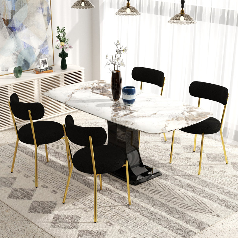 Modern Rectangular Dining Set with Teddy Dining Chair, Gold/Black, 5 Pieces (Table, 4 Chairs), White