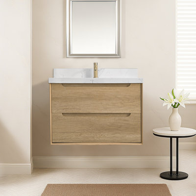 AuroraSky 36" Wall Mounted Floating Bathroom Vanity With Engineered Stone Top, 2 Drawers