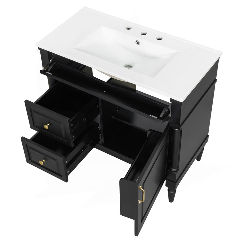 36" Bathroom Vanity With Sink, Freestanding Bathroom Cabinet With Ceramic Basin, Flip Drawer, Adjustable Shelf, Rubberwood Frame & MDF Panels, Metal Handles, Black Painted Finish