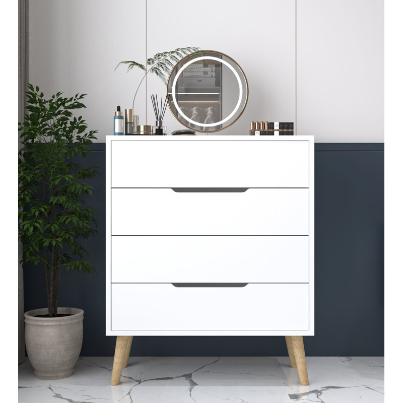 Commode 4 tiroirs - Pieds en bois, Blanc